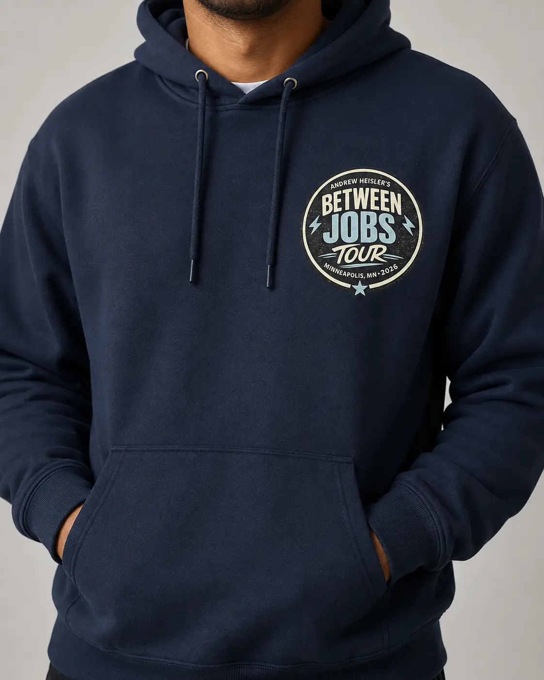 Between Jobs Tour hoodie in Navy, front view