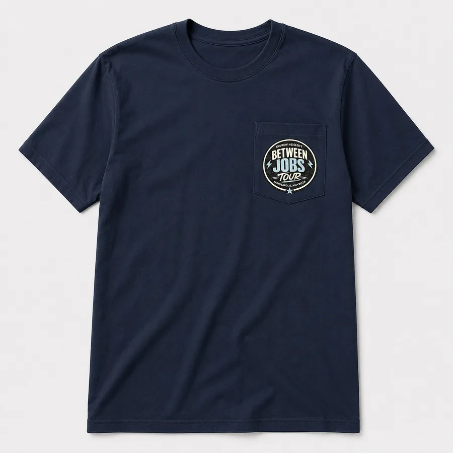 Between Jobs Tour tee in Navy, front view